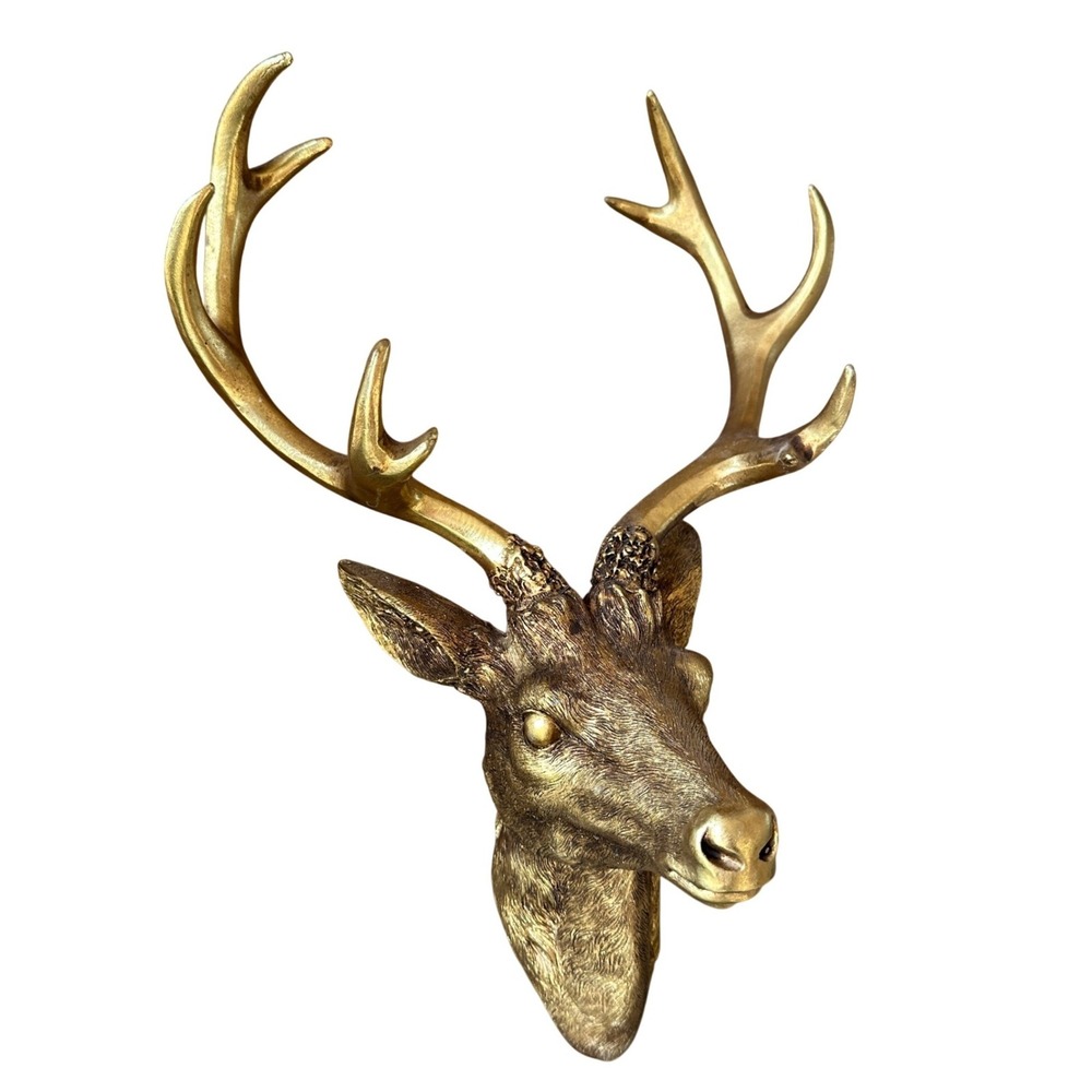 Gold Faux Taxidermy Deer Head Wall Mount Stag Antlers Resin Sculpture Cabin